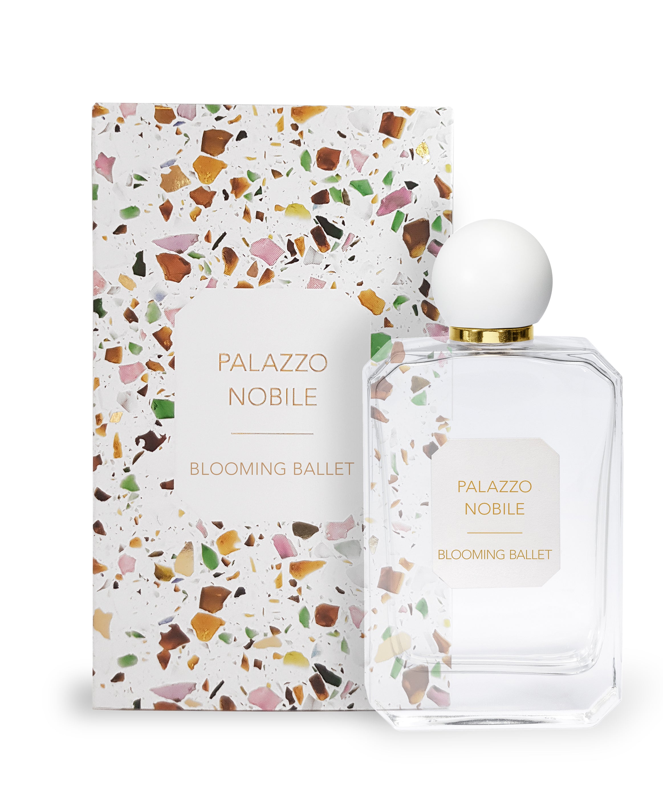 Palazzo Nobile Blooming Ballet perfume bottle and packaging with terrazzo pattern