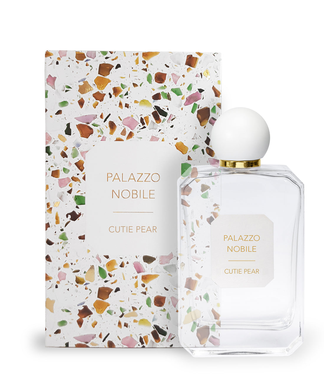 Palazzo Nobile Cutie Pear perfume bottle and packaging with terrazzo pattern